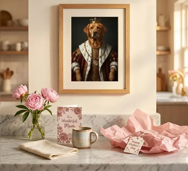 A Mother's Day dog portrait gift on a breakfast tray