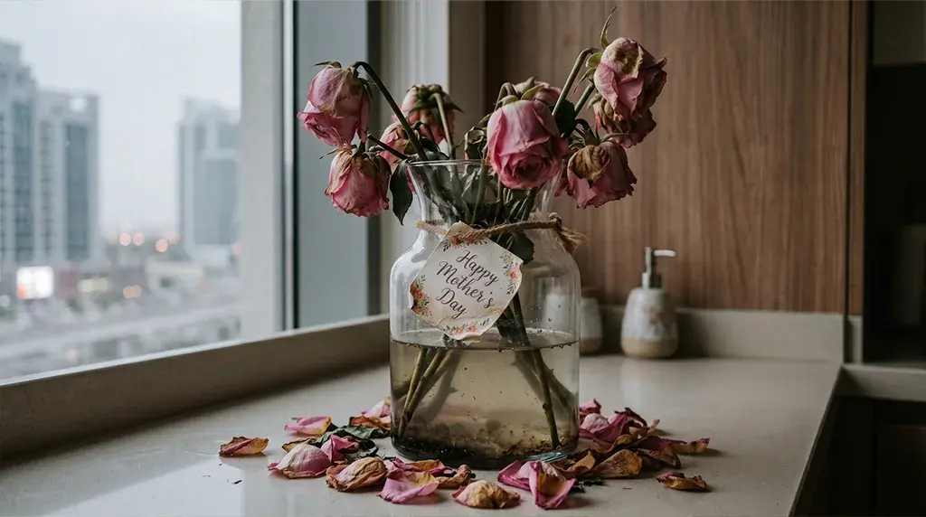 A wilted Mother's Day bouquet, last year's gift