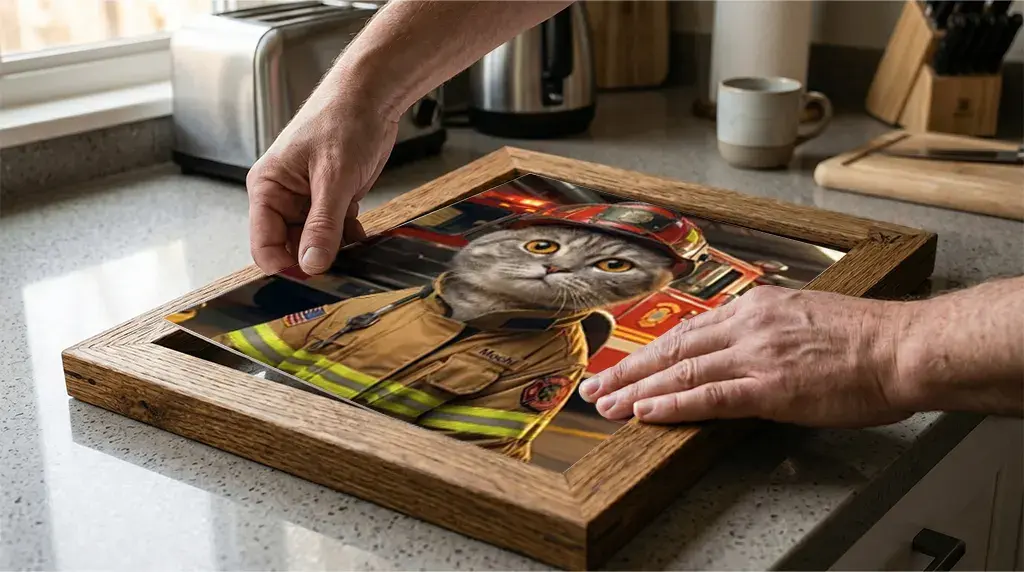 Hands assembling an oak picture frame on a kitchen counter