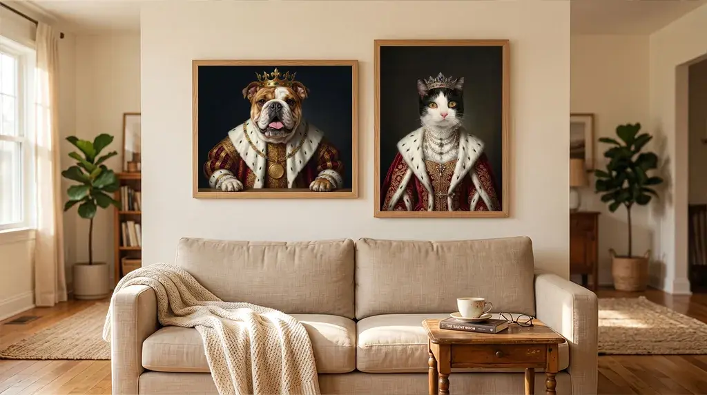 A cat and dog portrait framed on a wall, landscape and portrait formats