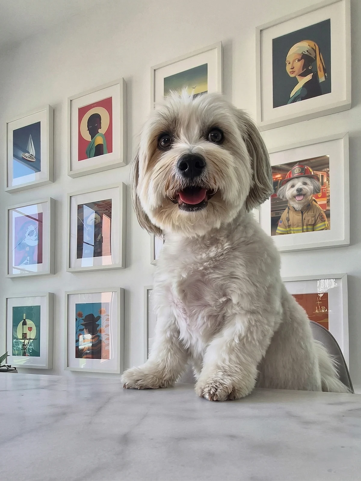 A FluffyFriends portrait hanging at home.